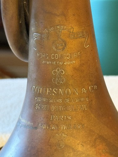 WW1 French Military Brass Bugle Couesnon & Cie Paris Chateau Thierry Mouthpiece - Image 7