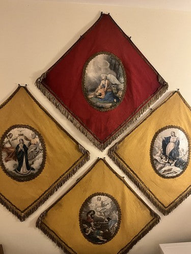 Late 19th C French Religious Processional Banners Silk Gold Fringe Rare Original