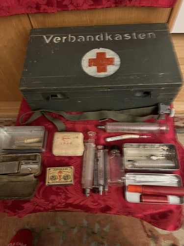 WW2 German Wehrmacht Verbandkasten First Aid Wood Case 1944 Feldgrau Syringes - Image 6