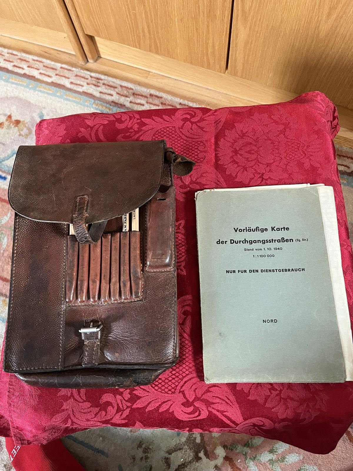 WW2 German Wehrmacht Officer Leather Map Case 1940 Field Map A.W. Faber Pencils - Image 6
