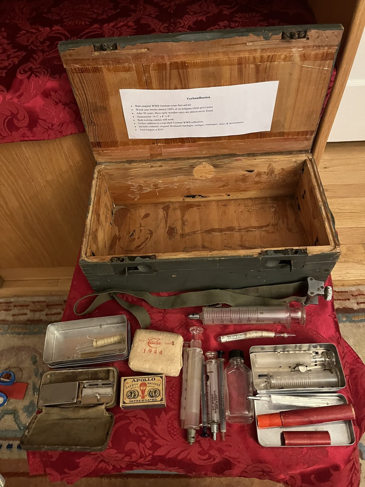 WW2 German Wehrmacht Verbandkasten First Aid Wood Case 1944 Feldgrau Syringes